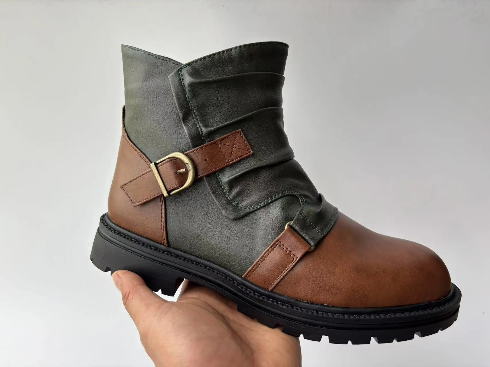 Square heel high-top men's boots brown PU leather low heel height-increasing