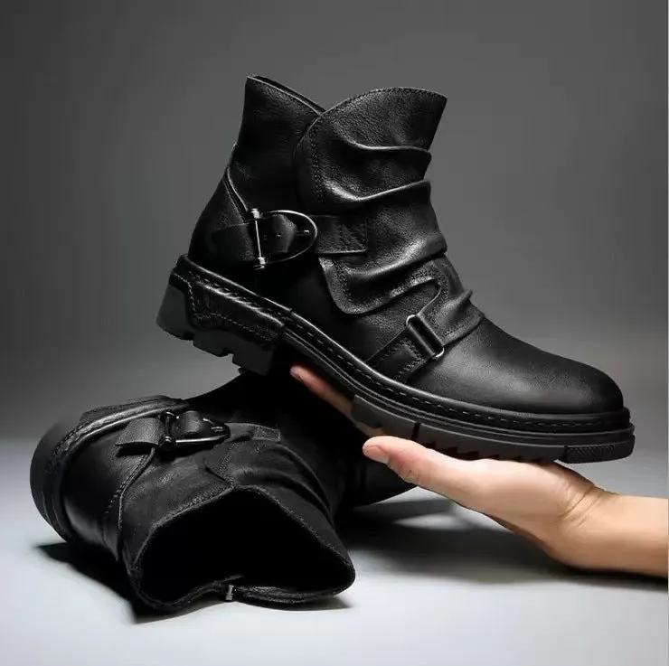 Square heel high-top men's boots brown PU leather low heel height-increasing