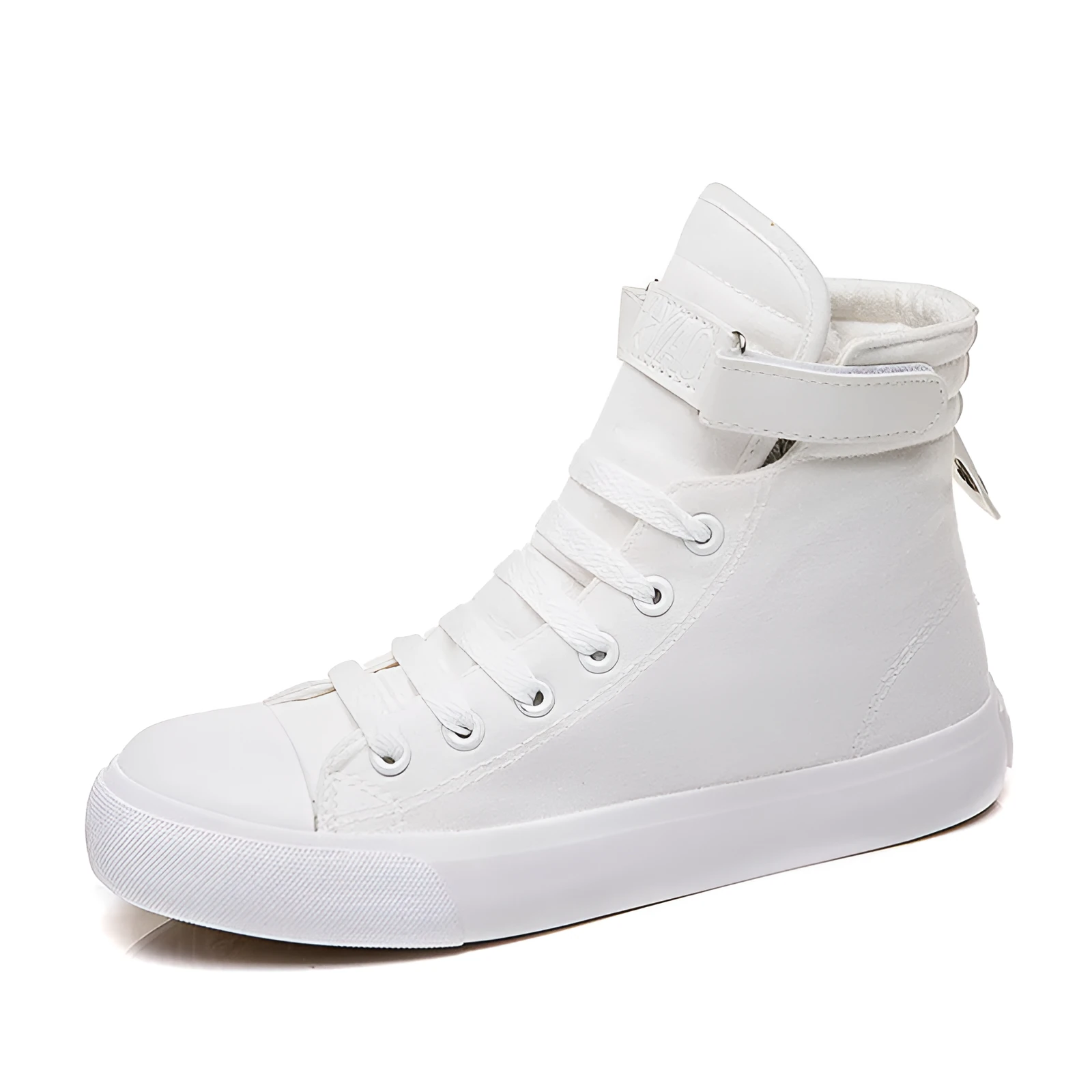 Women's high-top canvas shoes with velcro strap, black colour, rubber sole on a plain background