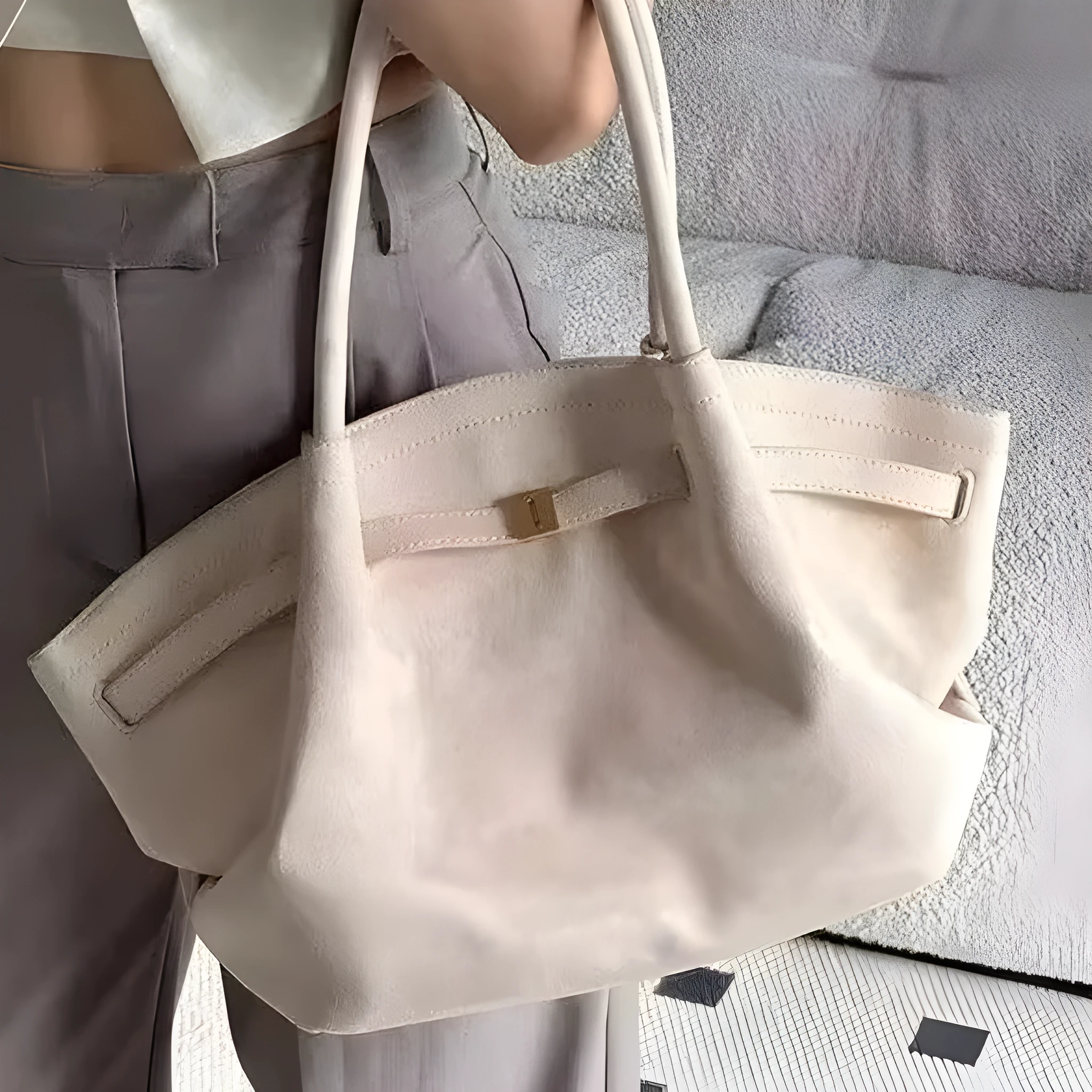 Milky white suede large capacity tote bag with double shoulder straps and zipper changing bag interior