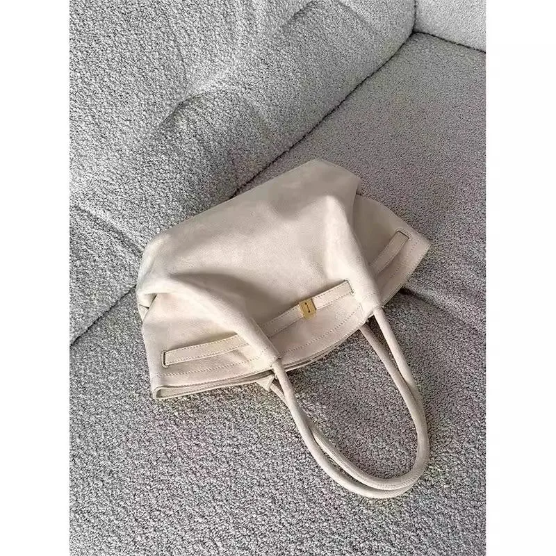 Milky white suede large capacity tote bag with double shoulder straps and zipper changing bag interior