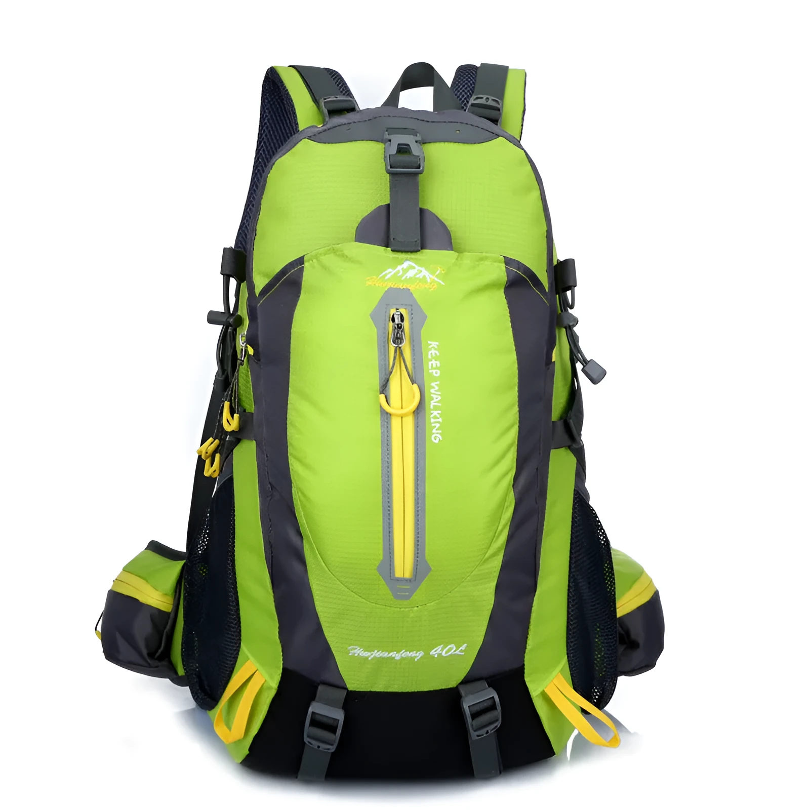 36-55L nylon hiking camping backpack in green for outdoor mountaineering and sports gear storage