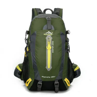 36-55L nylon hiking camping backpack in green for outdoor mountaineering and sports gear storage
