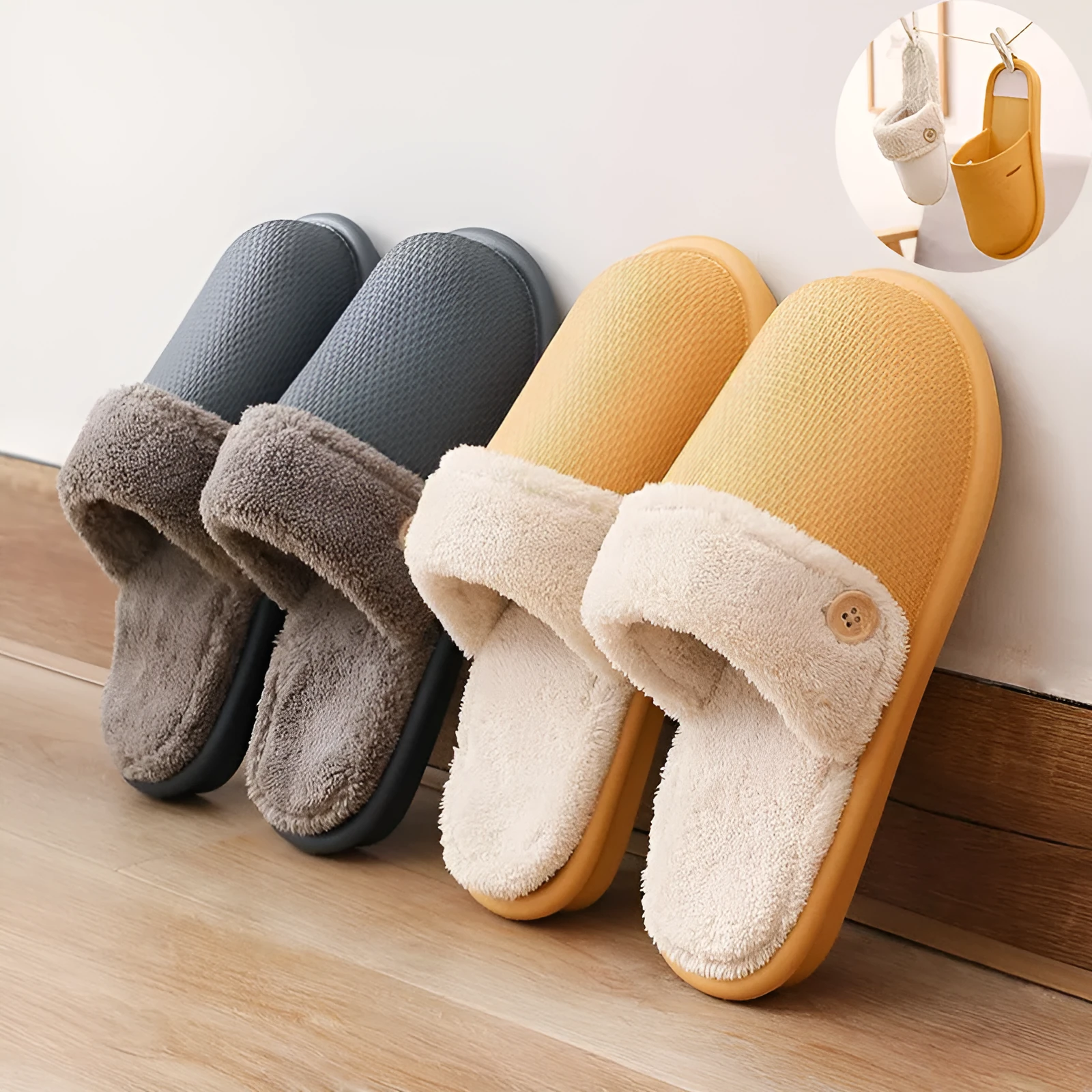 Winter home slippers for women, detachable washable thermal insulation, EVA upper, round toe, stripe pattern, available in grey, pink, purple, yellow and dark blue