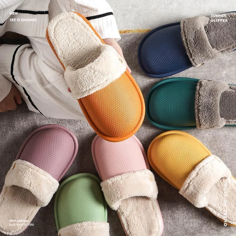 Winter home slippers for women, detachable washable thermal insulation, EVA upper, round toe, stripe pattern, available in grey, pink, purple, yellow and dark blue