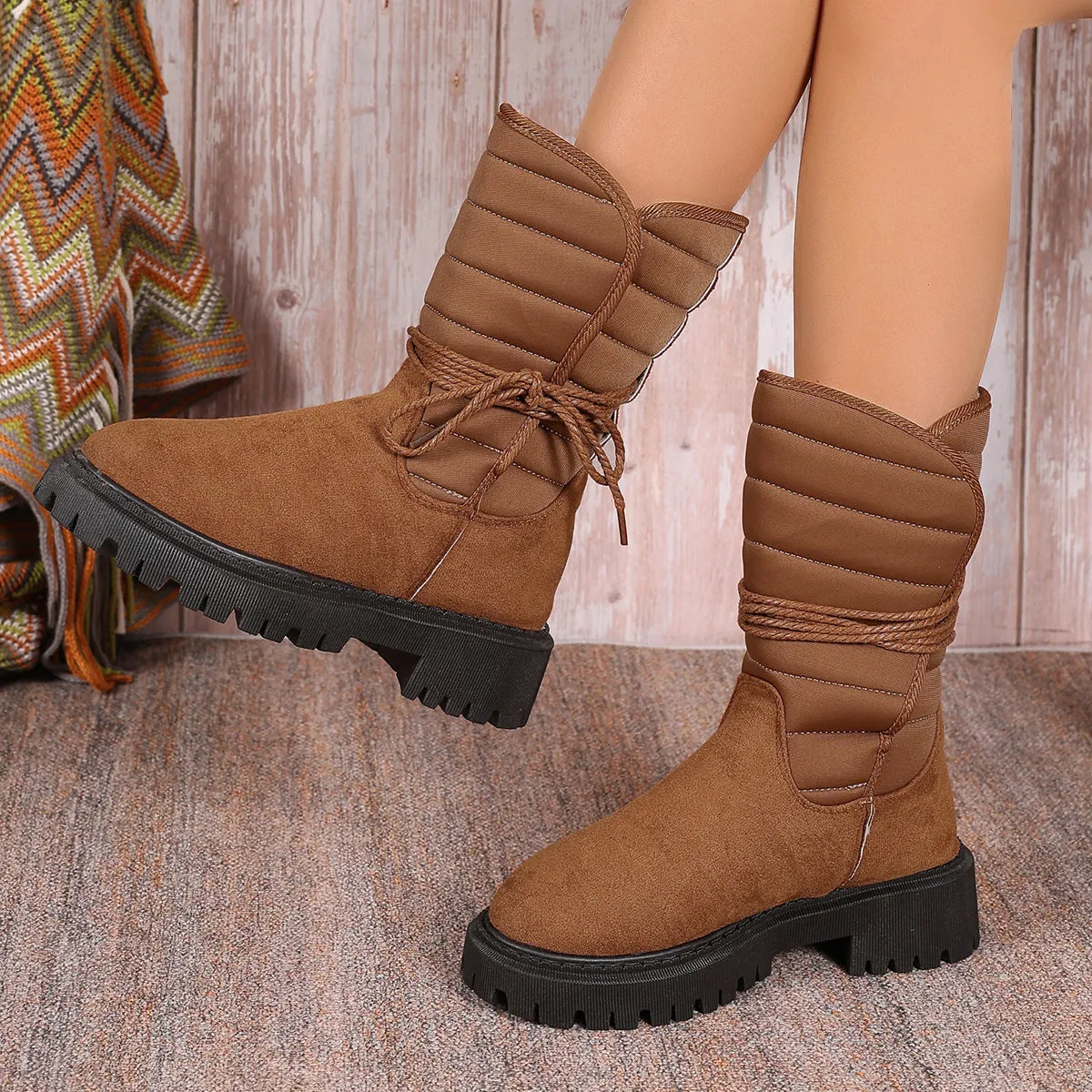 Women's chunky heel mid-calf snow boots in suede with fleece lining and lace-up front