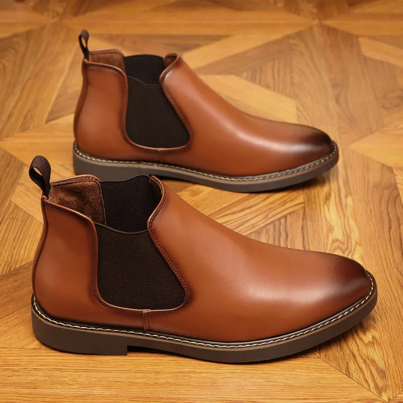 Men's black formal pointed-toe leather boots with a square rubber heel.