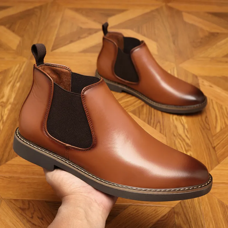 Men's black formal pointed-toe leather boots with a square rubber heel.