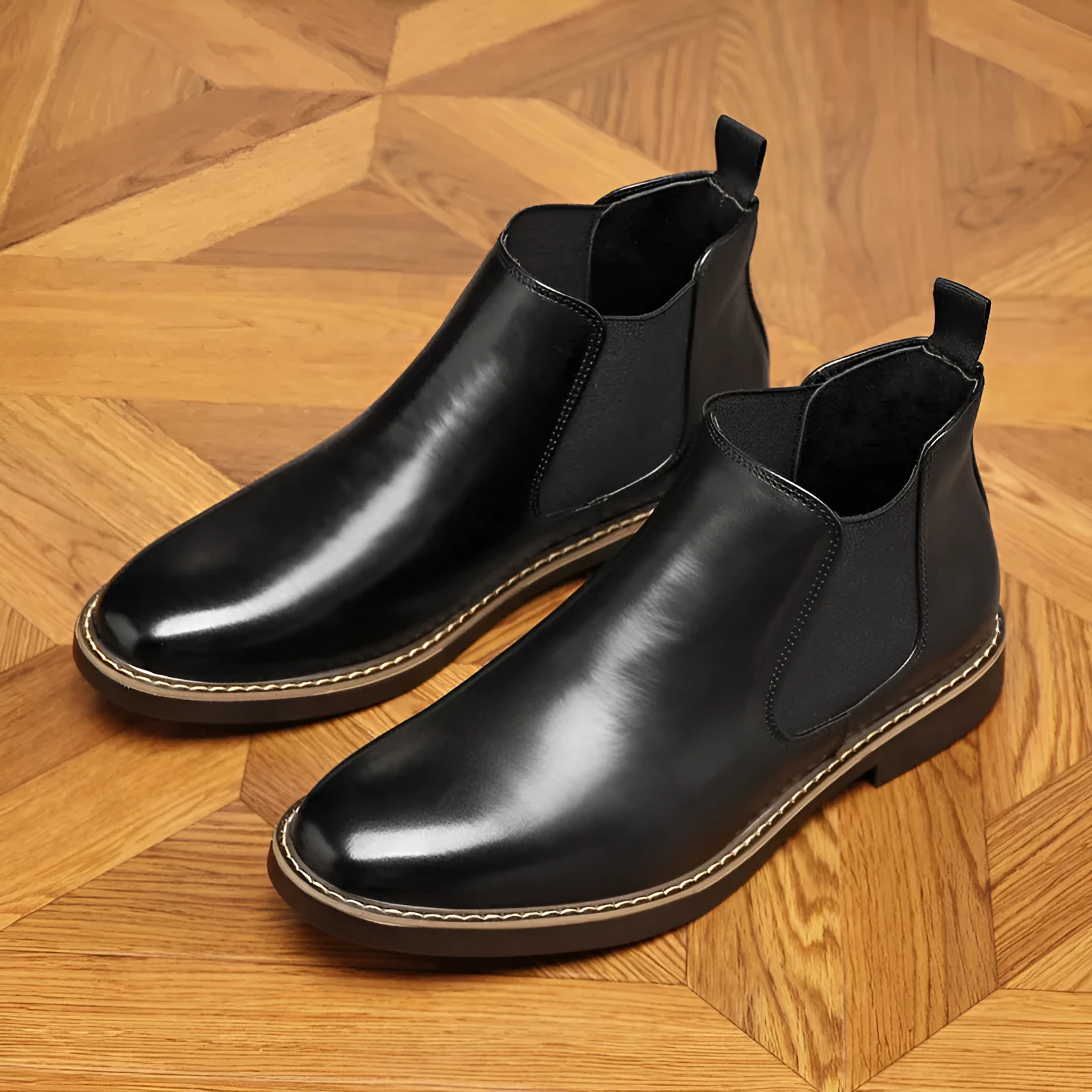 Men's black formal pointed-toe leather boots with a square rubber heel.