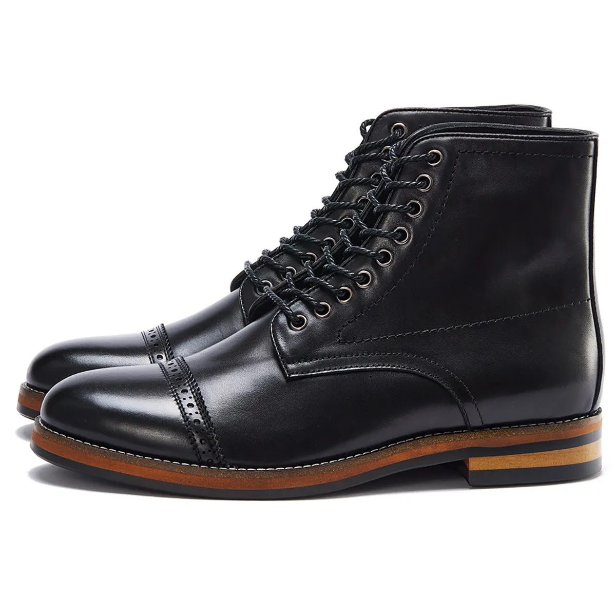 Brown mid-top Martin boots for men with leather upper, lace-up fastening, and rubber sole