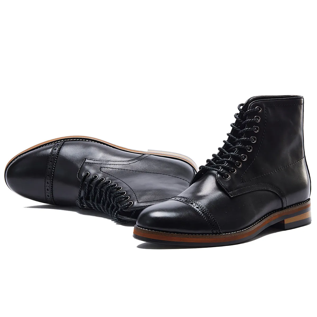 Brown mid-top Martin boots for men with leather upper, lace-up fastening, and rubber sole