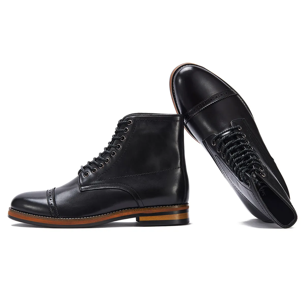 Brown mid-top Martin boots for men with leather upper, lace-up fastening, and rubber sole