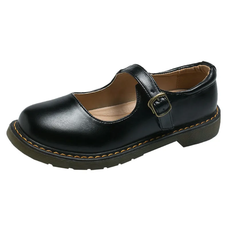 Women's solid colour round toe low-cut flat retro shoes with buckle closure in black