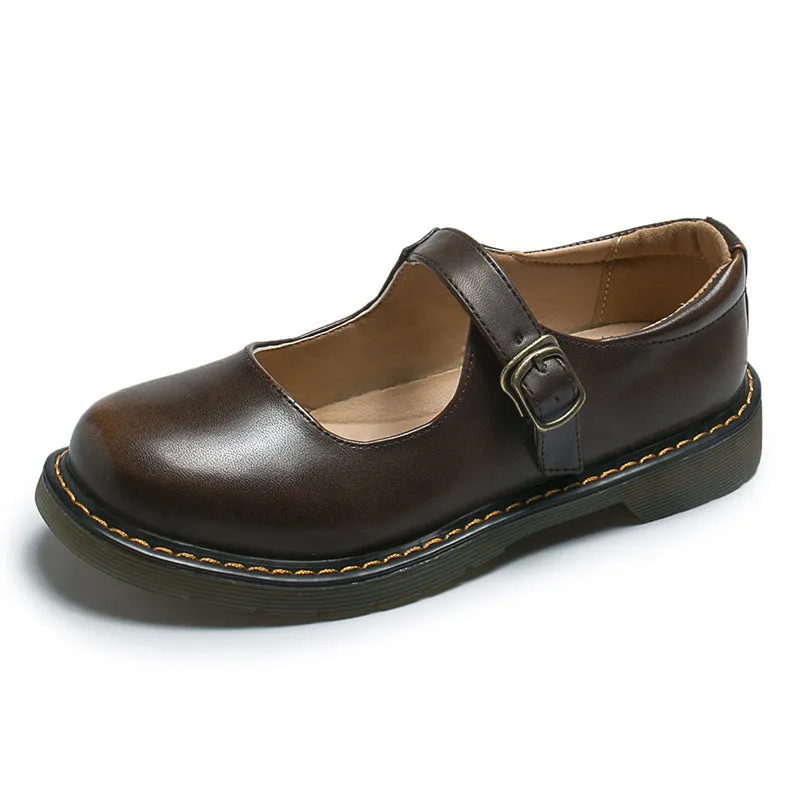 Women's solid colour round toe low-cut flat retro shoes with buckle closure in black