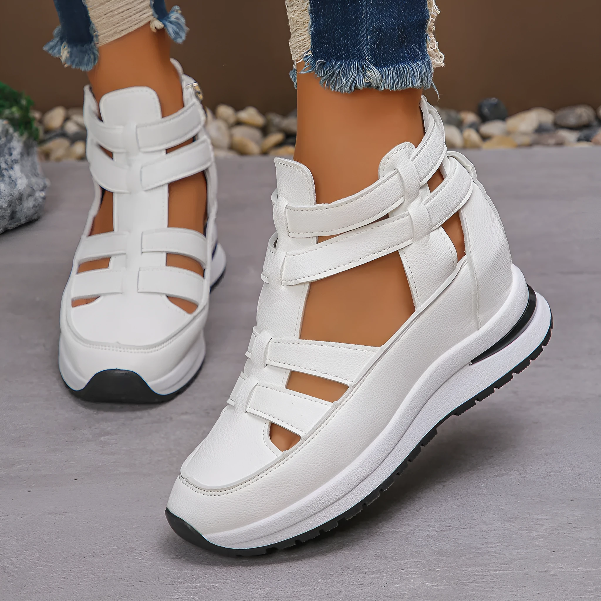 Women's black close-toed platform sandals with hollow-out design and Velcro fastening