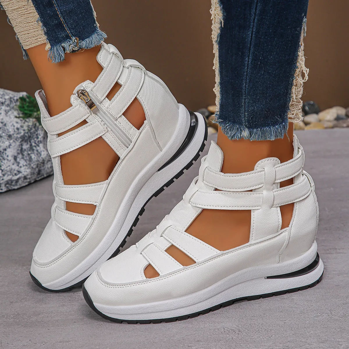 Women's black close-toed platform sandals with hollow-out design and Velcro fastening