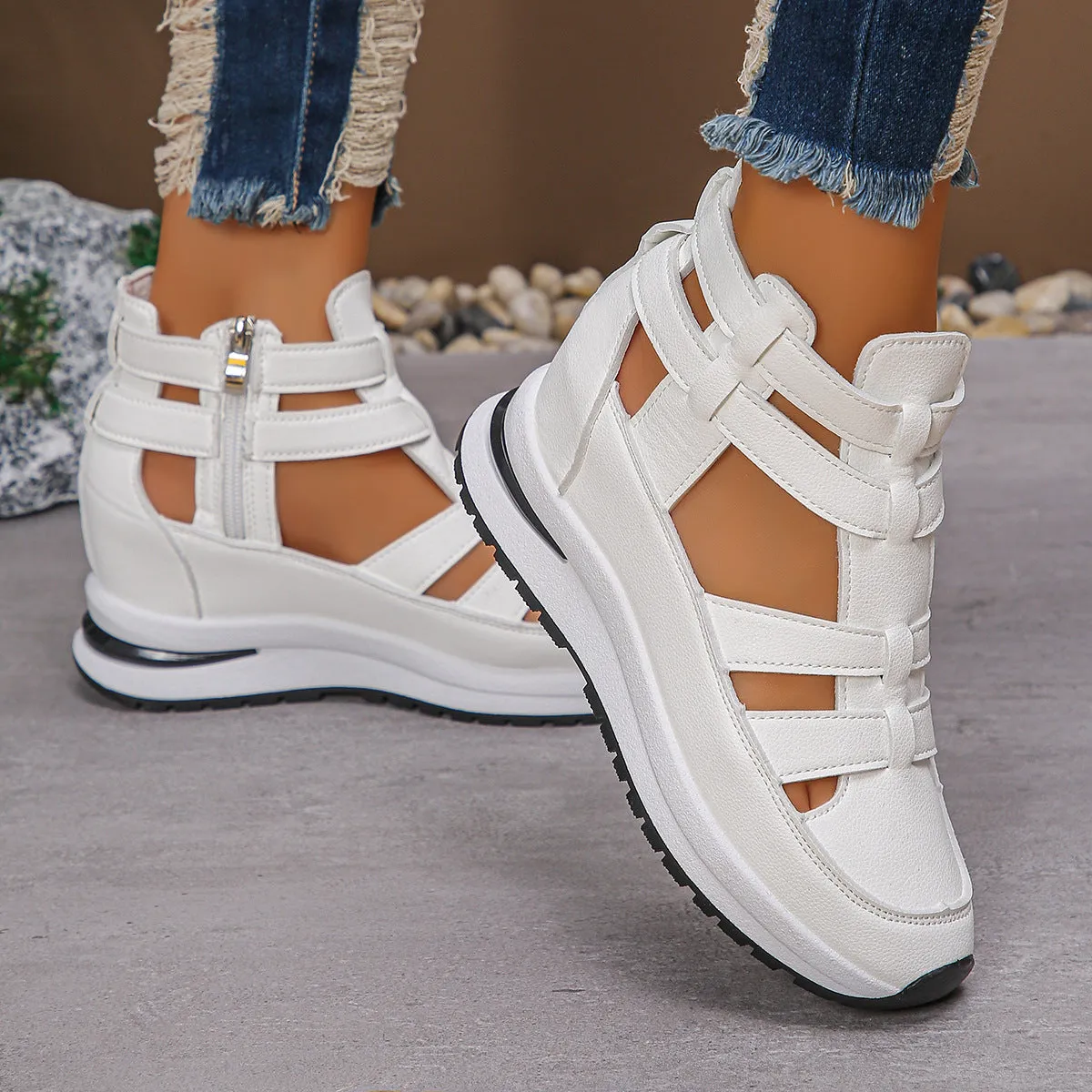 Women's black close-toed platform sandals with hollow-out design and Velcro fastening