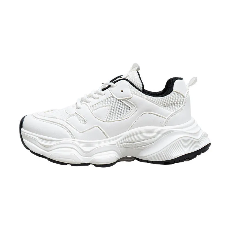 Women's breathable mesh white sneakers with flat heel, round toe, and lace-up closure