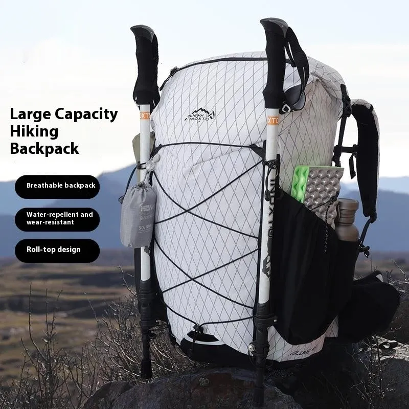 Large capacity waterproof mountaineering backpack with internal frame in black for camping and hiking
