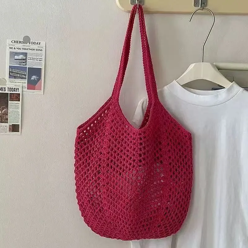 Hand-woven hollow shoulder bag in cotton and linen, beige colour, open pocket design with double straps