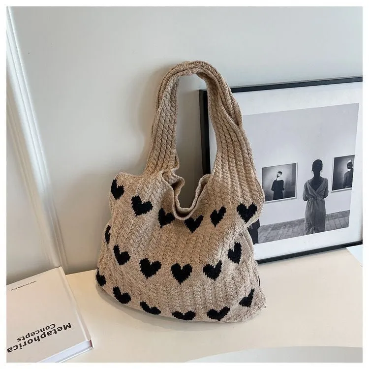 Hand-woven hollow shoulder bag in cotton and linen, beige colour, open pocket design with double straps