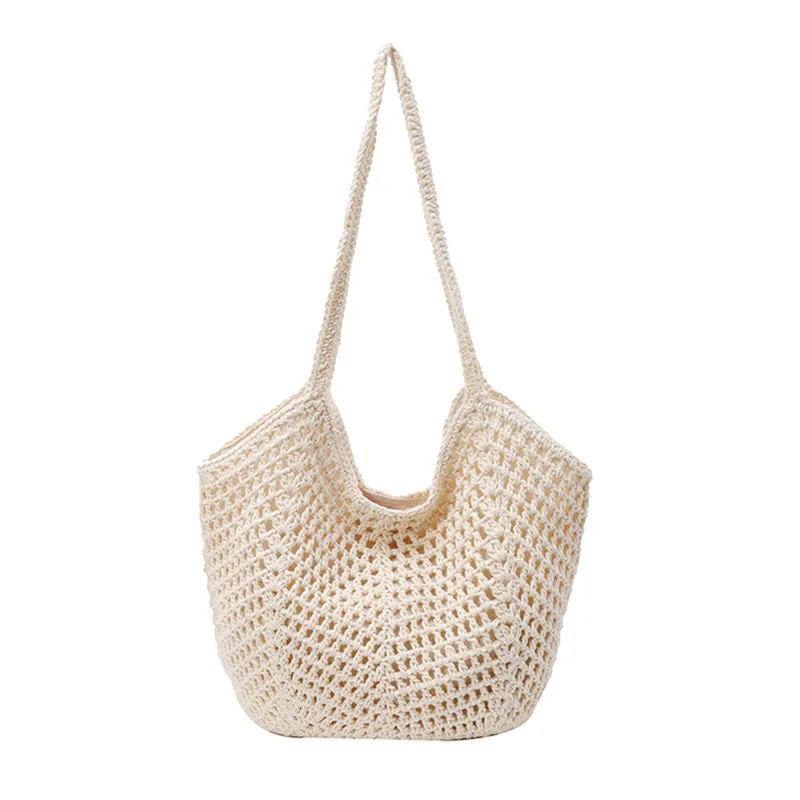 Hand-woven hollow shoulder bag in cotton and linen, beige colour, open pocket design with double straps