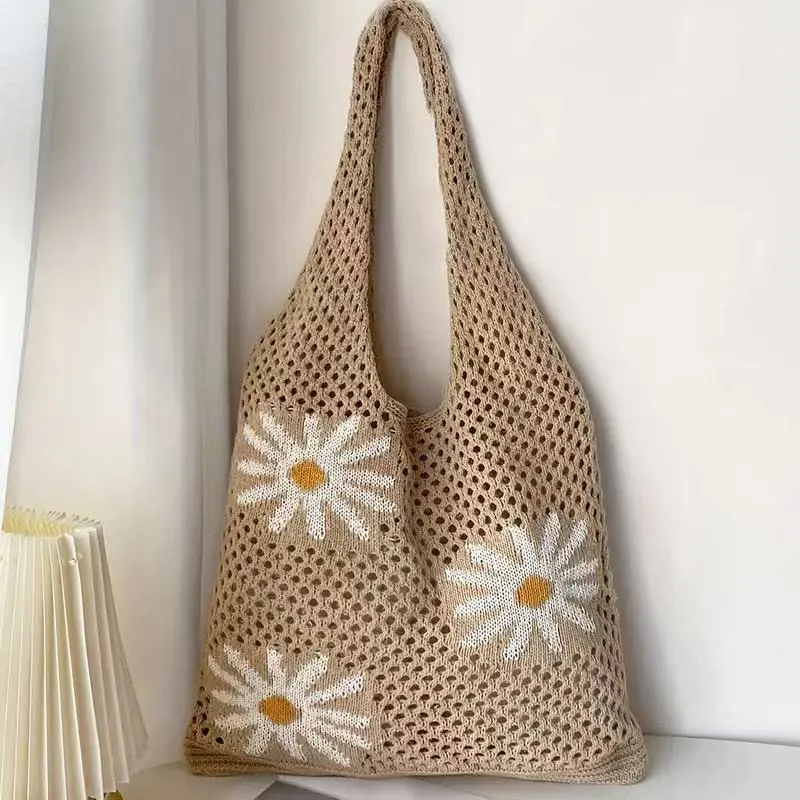 Hand-woven hollow shoulder bag in cotton and linen, beige colour, open pocket design with double straps
