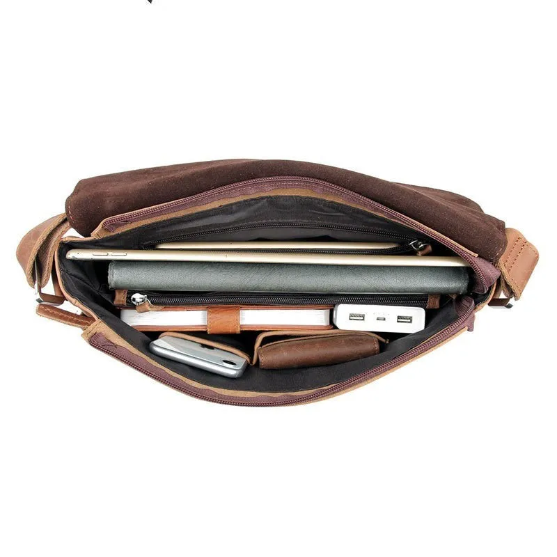 Vintage leather crossbody bag for men in brown first layer cowhide with wear-resistant finish