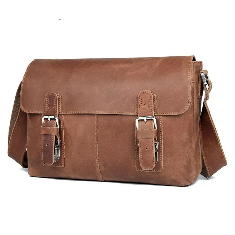 Vintage leather crossbody bag for men in brown first layer cowhide with wear-resistant finish