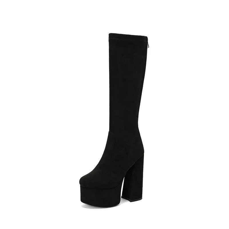 Women's elastic wool chunky heel boots in black suede, super high heel over 8cm, sizes 35-43