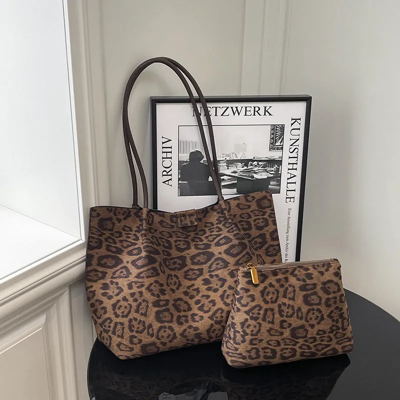 Leopard print polyester hand-held tote bag with double shoulder straps on a white background