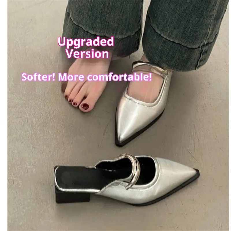 Women's closed toe half slippers with metal buckle, French style, silver colour, PU upper, rubber sole
