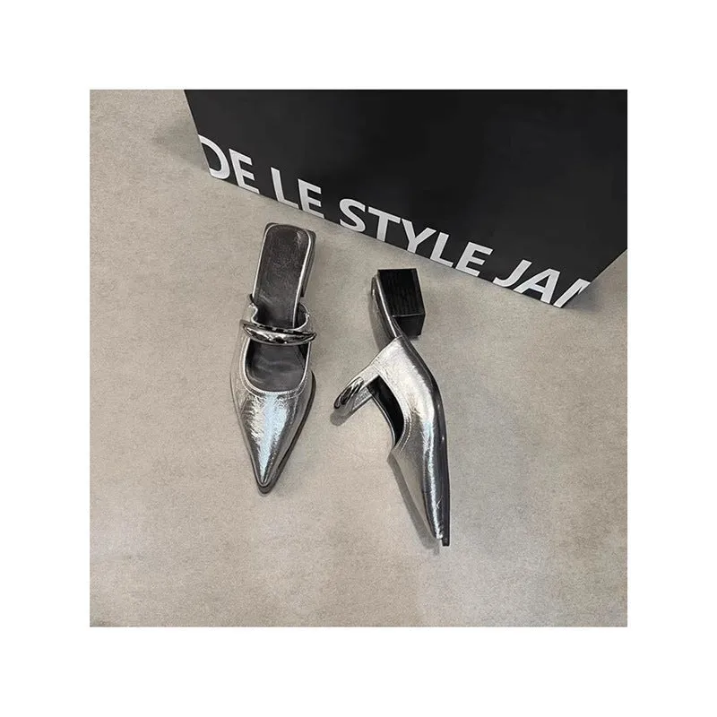 Women's closed toe half slippers with metal buckle, French style, silver colour, PU upper, rubber sole