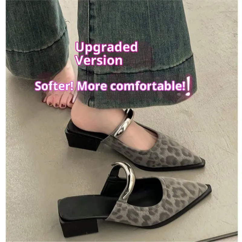 Women's closed toe half slippers with metal buckle, French style, silver colour, PU upper, rubber sole