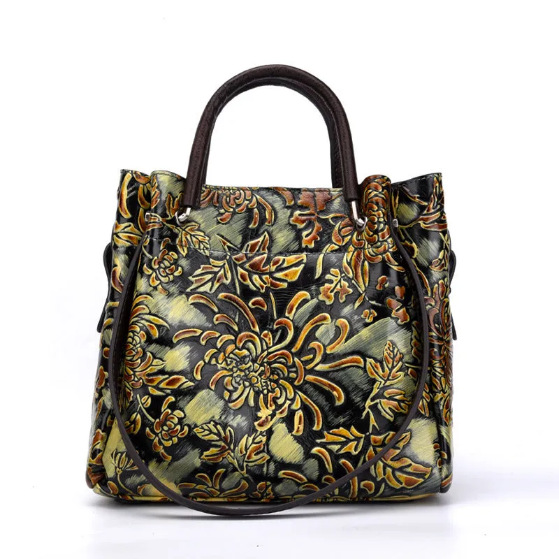First layer cowhide women's messenger bag with embossed floral pattern, retro square shape, hard handle, and single shoulder strap in brown