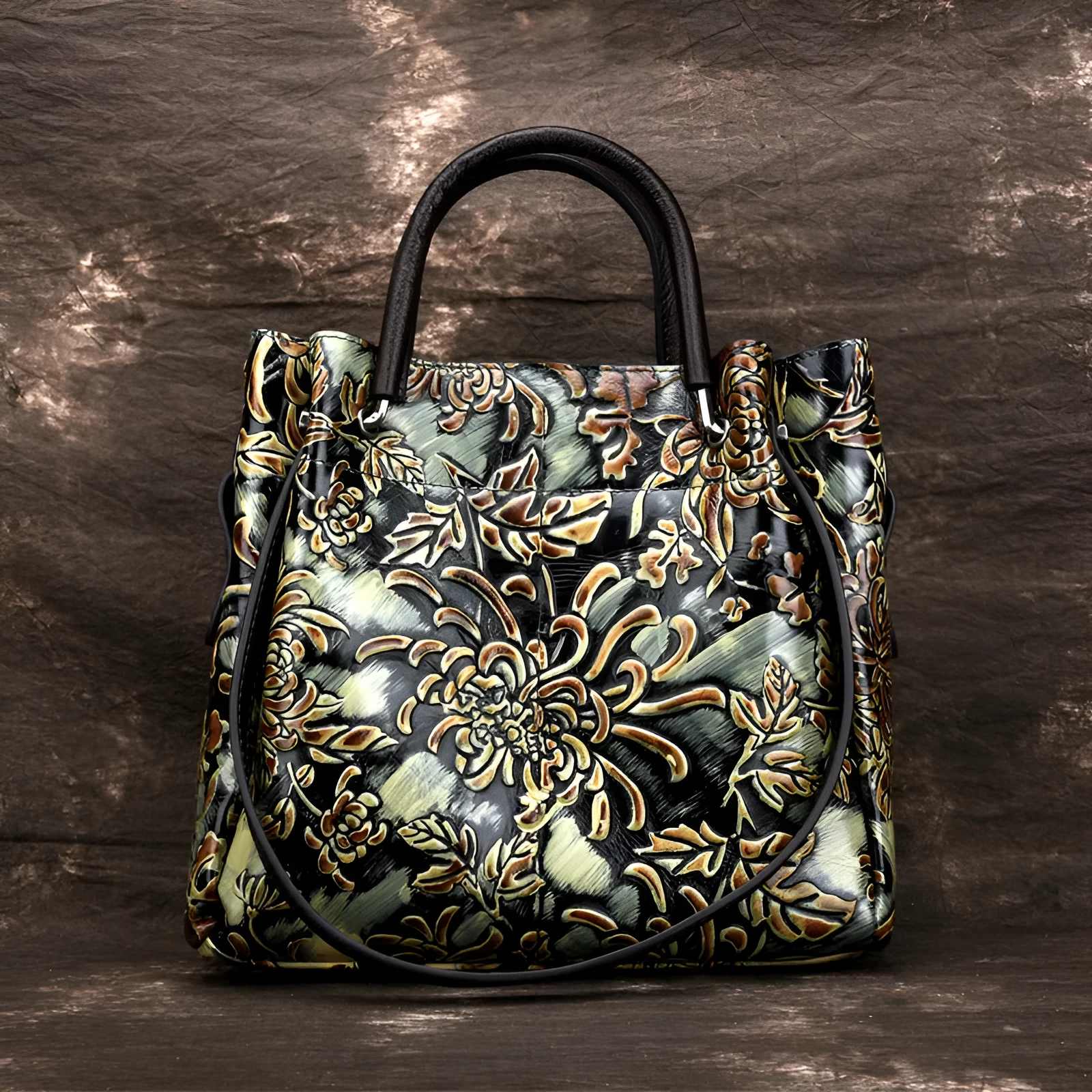 First layer cowhide women's messenger bag with embossed floral pattern, retro square shape, hard handle, and single shoulder strap in brown