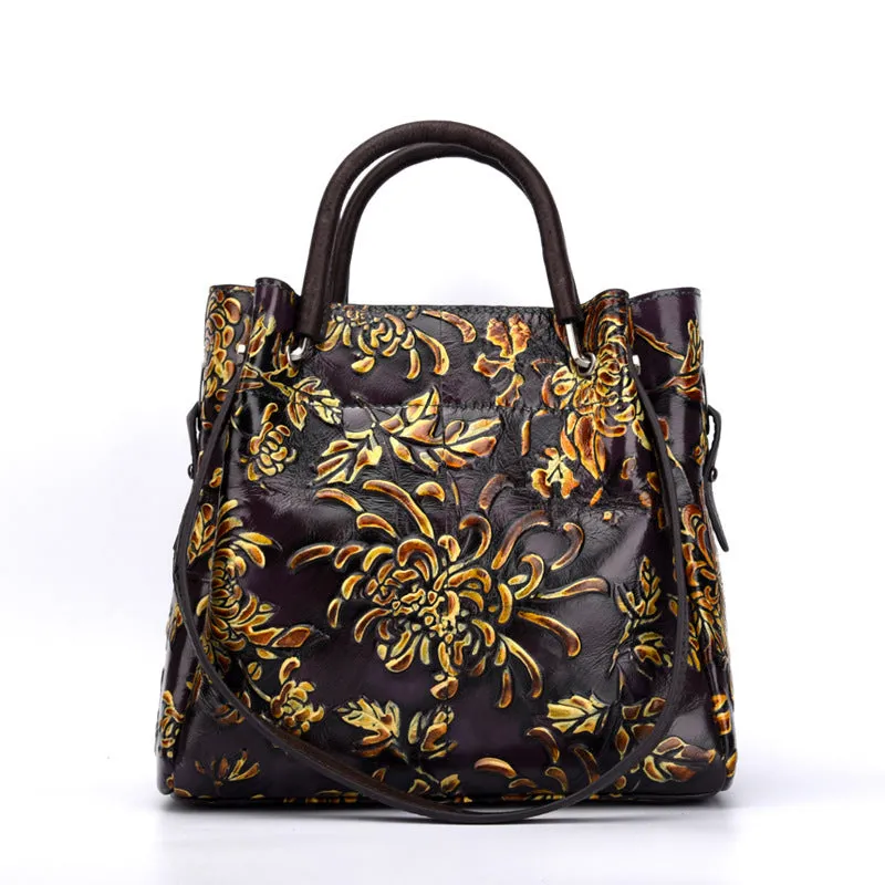 First layer cowhide women's messenger bag with embossed floral pattern, retro square shape, hard handle, and single shoulder strap in brown