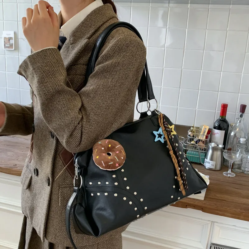 Fengtuote underarm bag in brown, soft PU leather, horizontal square shape with rivets and double shoulder straps
