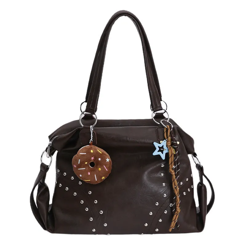 Fengtuote underarm bag in brown, soft PU leather, horizontal square shape with rivets and double shoulder straps