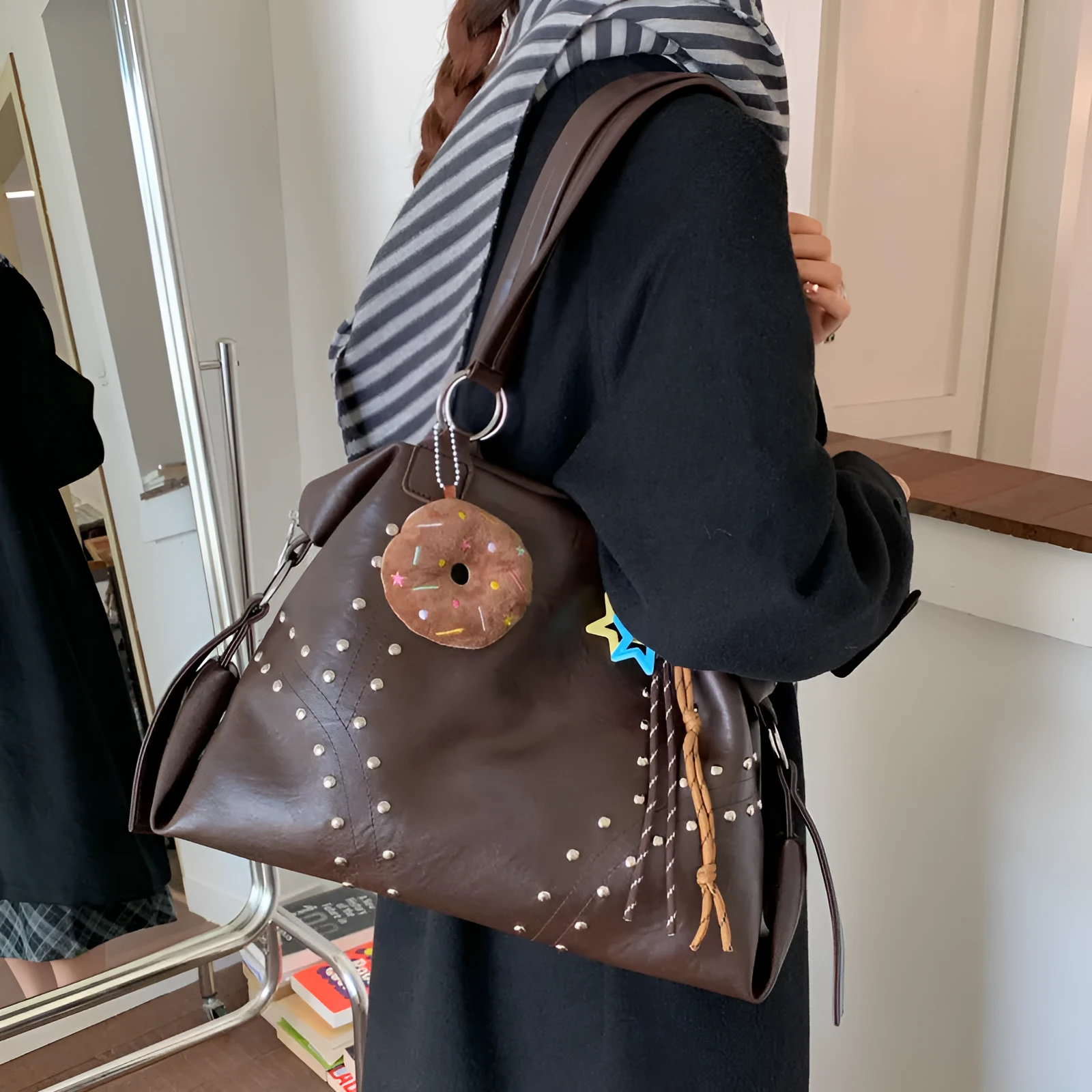 Fengtuote underarm bag in brown, soft PU leather, horizontal square shape with rivets and double shoulder straps