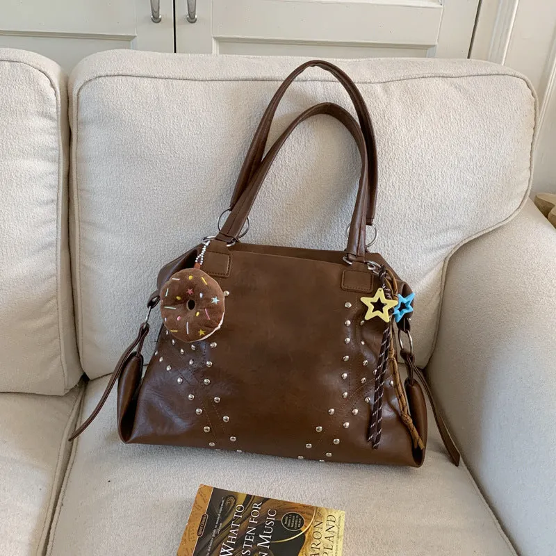 Fengtuote underarm bag in brown, soft PU leather, horizontal square shape with rivets and double shoulder straps