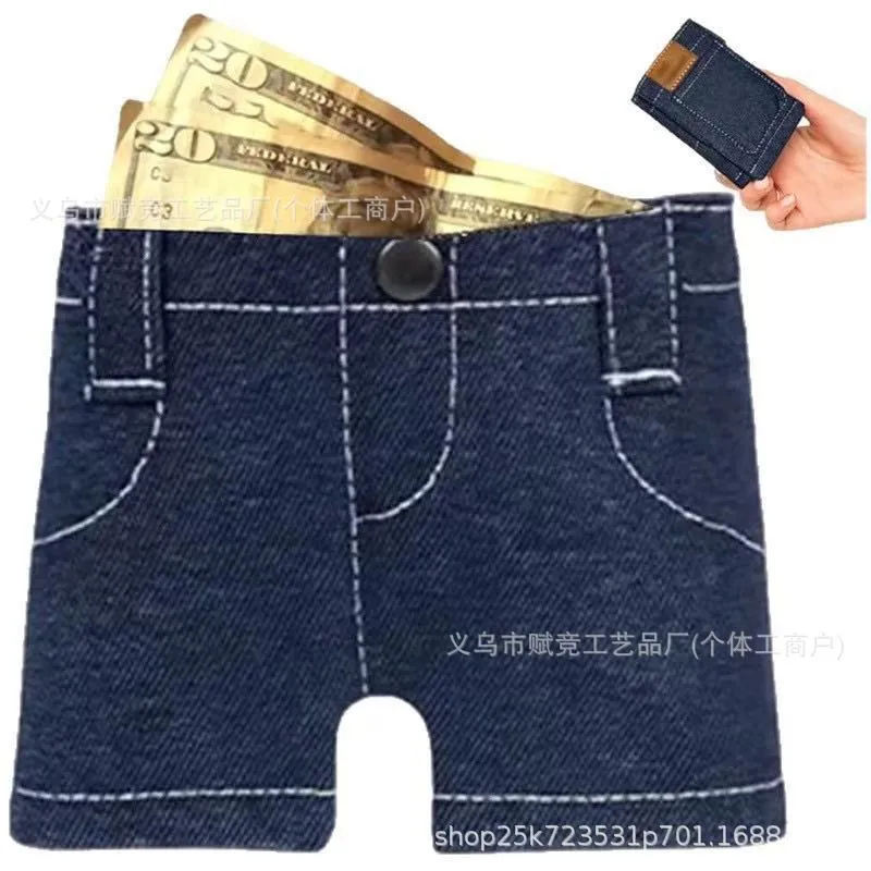 Foldable jeans shape coin purse in fabric material with American style design, jeans colour finish