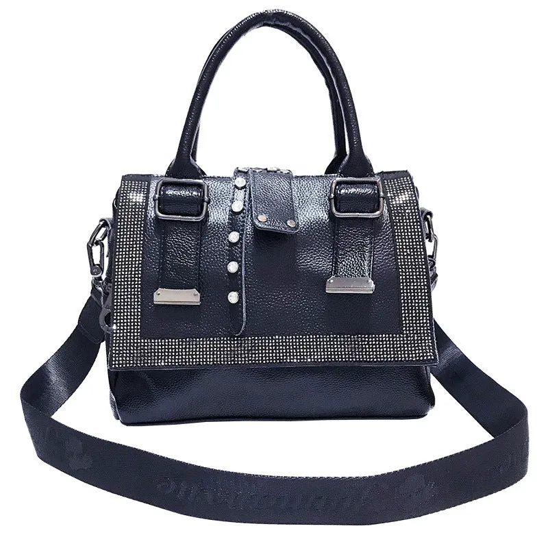 Large soft cowhide leather handbag in black with diamond decoration and lid closure
