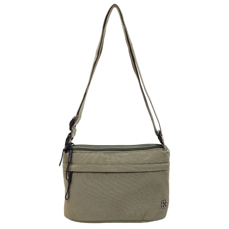 Soft cloth daily lightweight commuter crossbody bag in beige with sandwich pocket and sewn-thread detailing