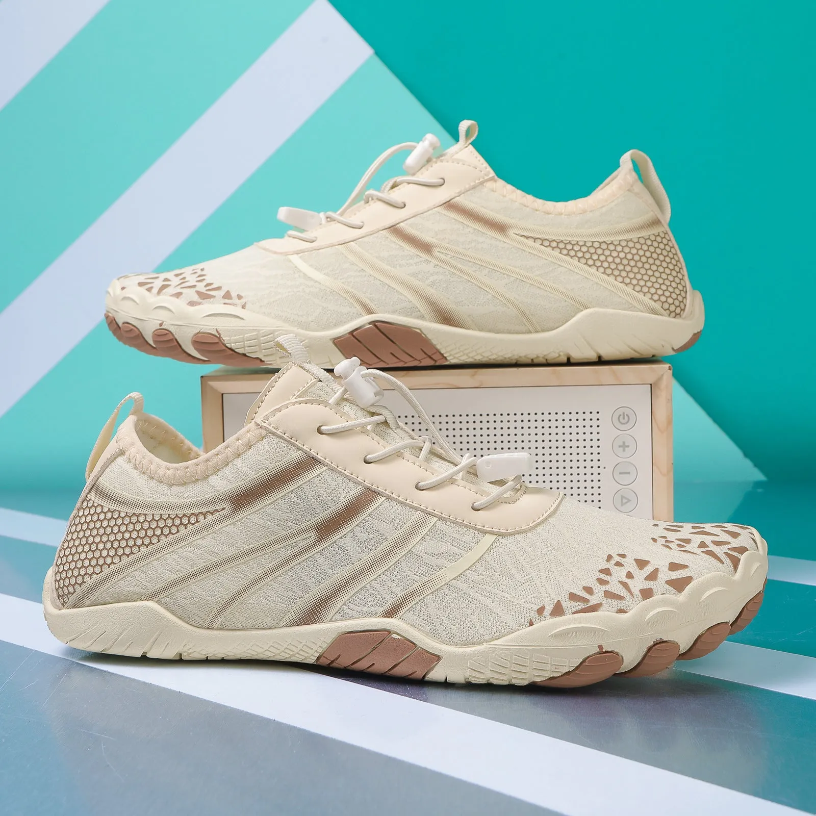 Lycra fabric unisex water shoes for beach running and upstream sports, shown in A826 beige colour.