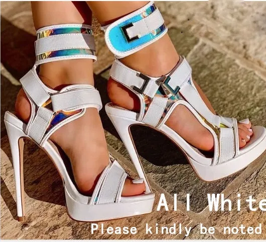 Women's buckle super high heel sandals with 12cm stiletto and 2.5cm waterproof platform in army green colour