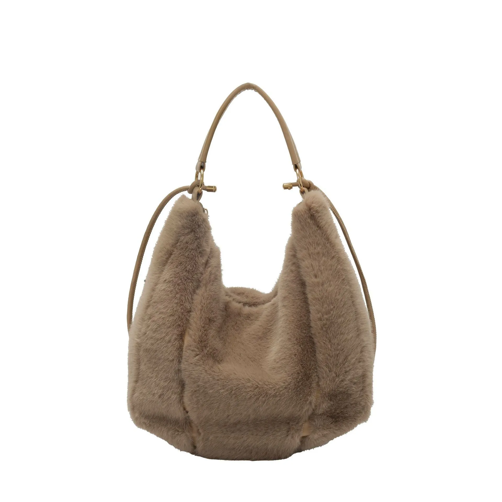 Beige one shoulder underarm bag in plush with splicing details, horizontal square shape, and single strap