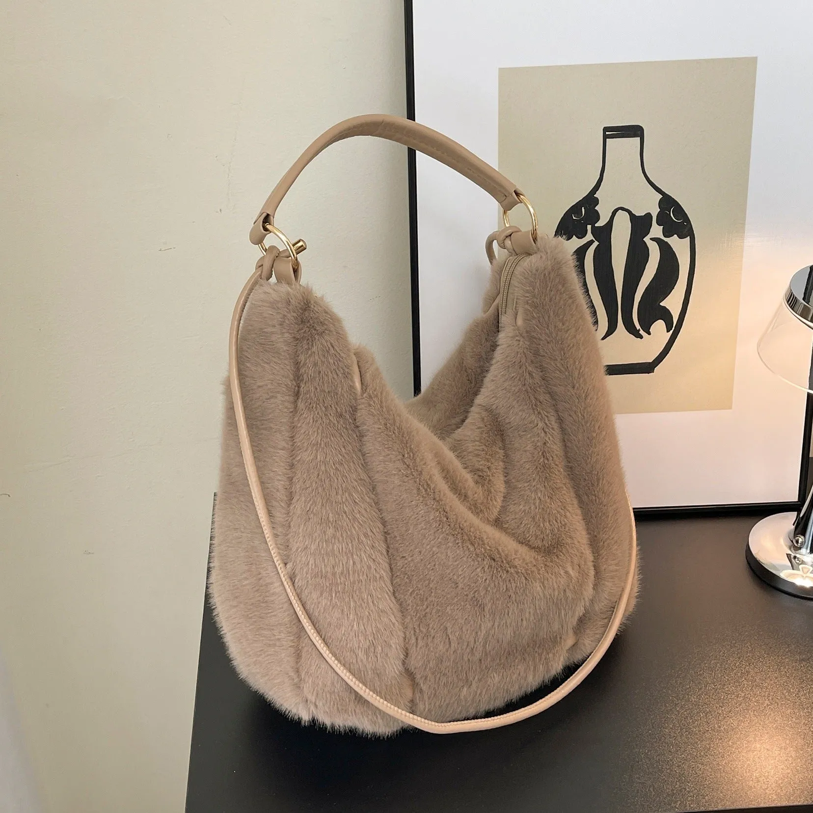 Beige one shoulder underarm bag in plush with splicing details, horizontal square shape, and single strap
