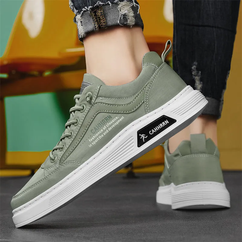 Retro elastic band men's casual sports shoes with umbrella cloth upper and PVC sole, in Army Green, low top, round toe.