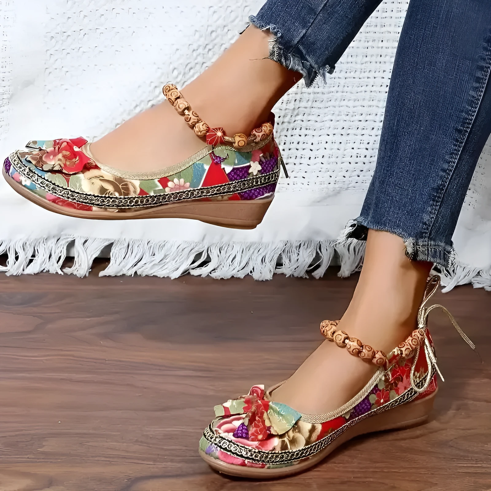 Women's plus size black ethnic platform sandals with cloth upper and elastic band, shown from the side.
